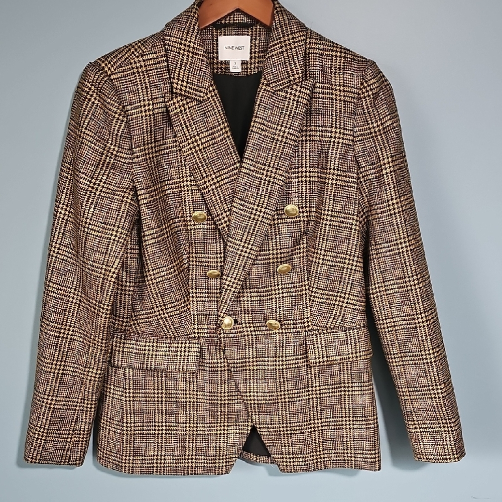 Nine West Double-Breasted Plaid Sparkle Blazer Size Small